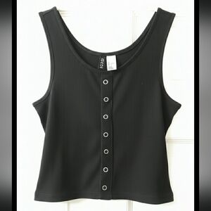 ​H&M Divided Black Ribbed Henley Tank Top Snap Button Front Cropped Knit Small